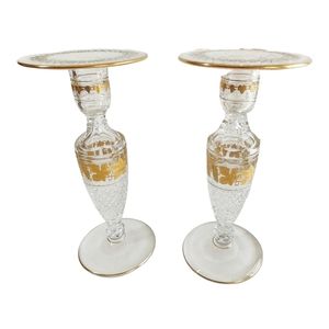 Val St Lambert Candlestick Holder, Cut Crystal 1940-50s Belgian Glass Gold Gilt